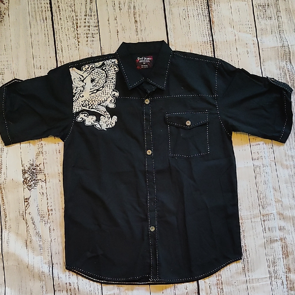 Tool Jeans Button Up Short Sleeve. Dragon design